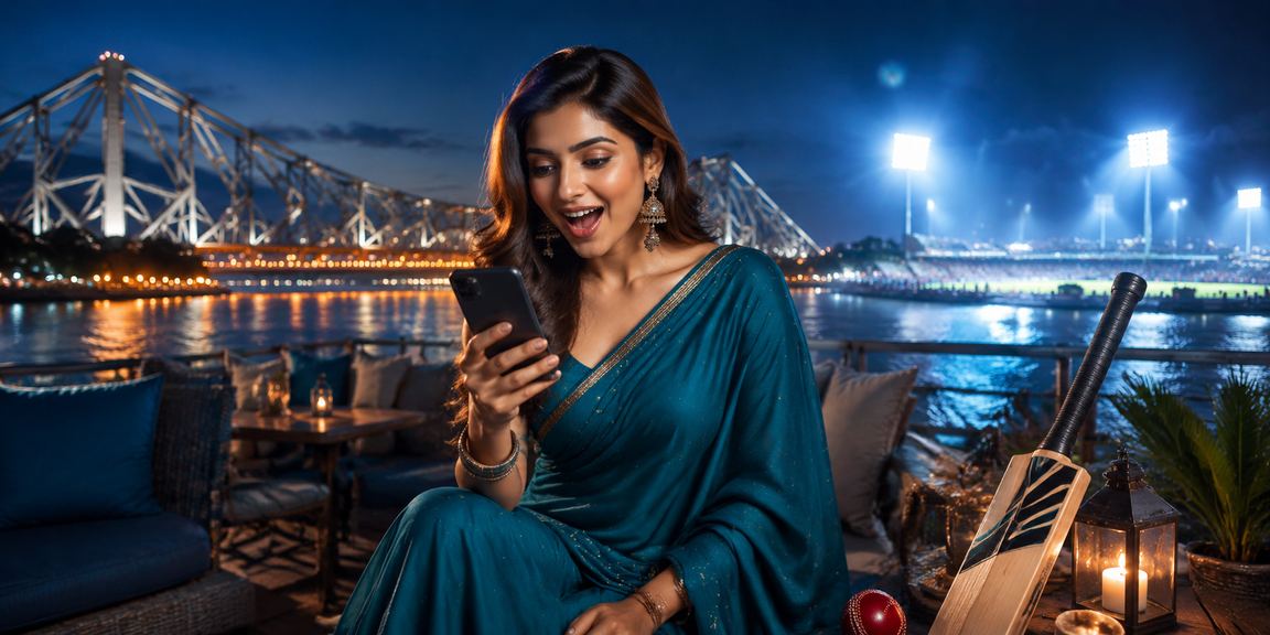 Indian woman enjoying cricket betting online next to Howrah Bridge